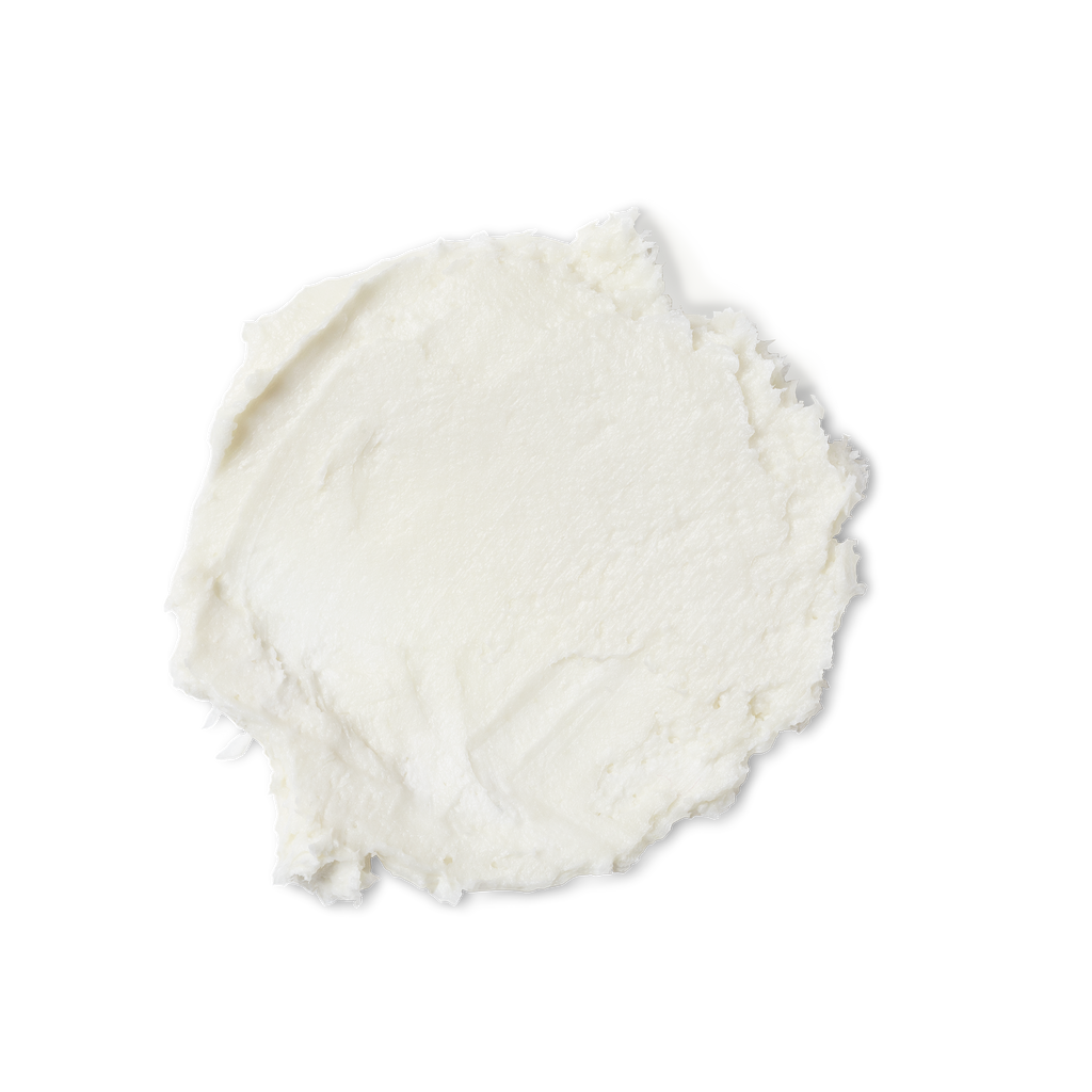 A swatch of very thick off-white coloured Renee's Shea Soufflé hair and scalp oil, in its cold, opaque, solid form.