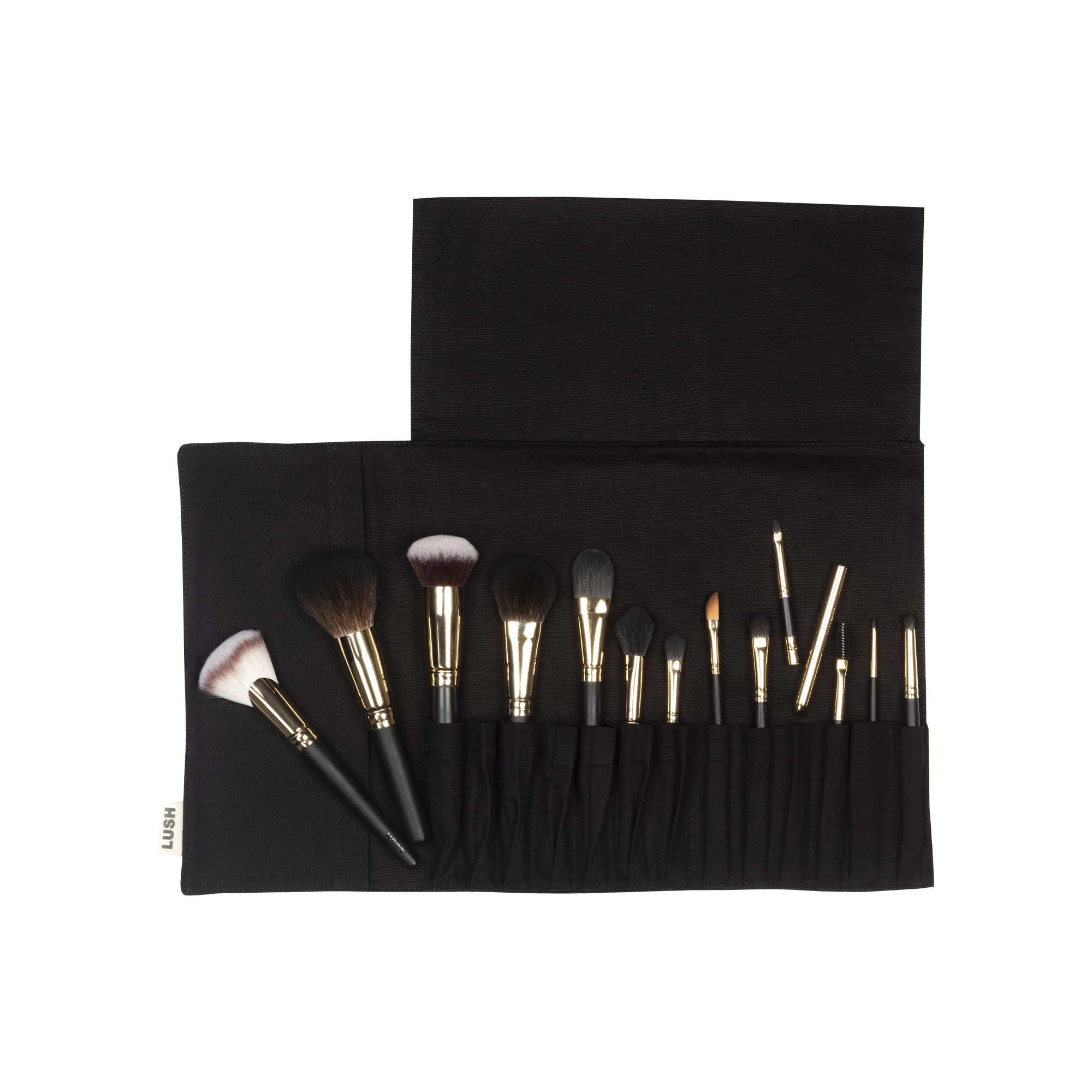 Roll With It Brush Set. A set of 13 handmade vegan make up brushes, wrapped up in a black, organic cotton storage wrap.