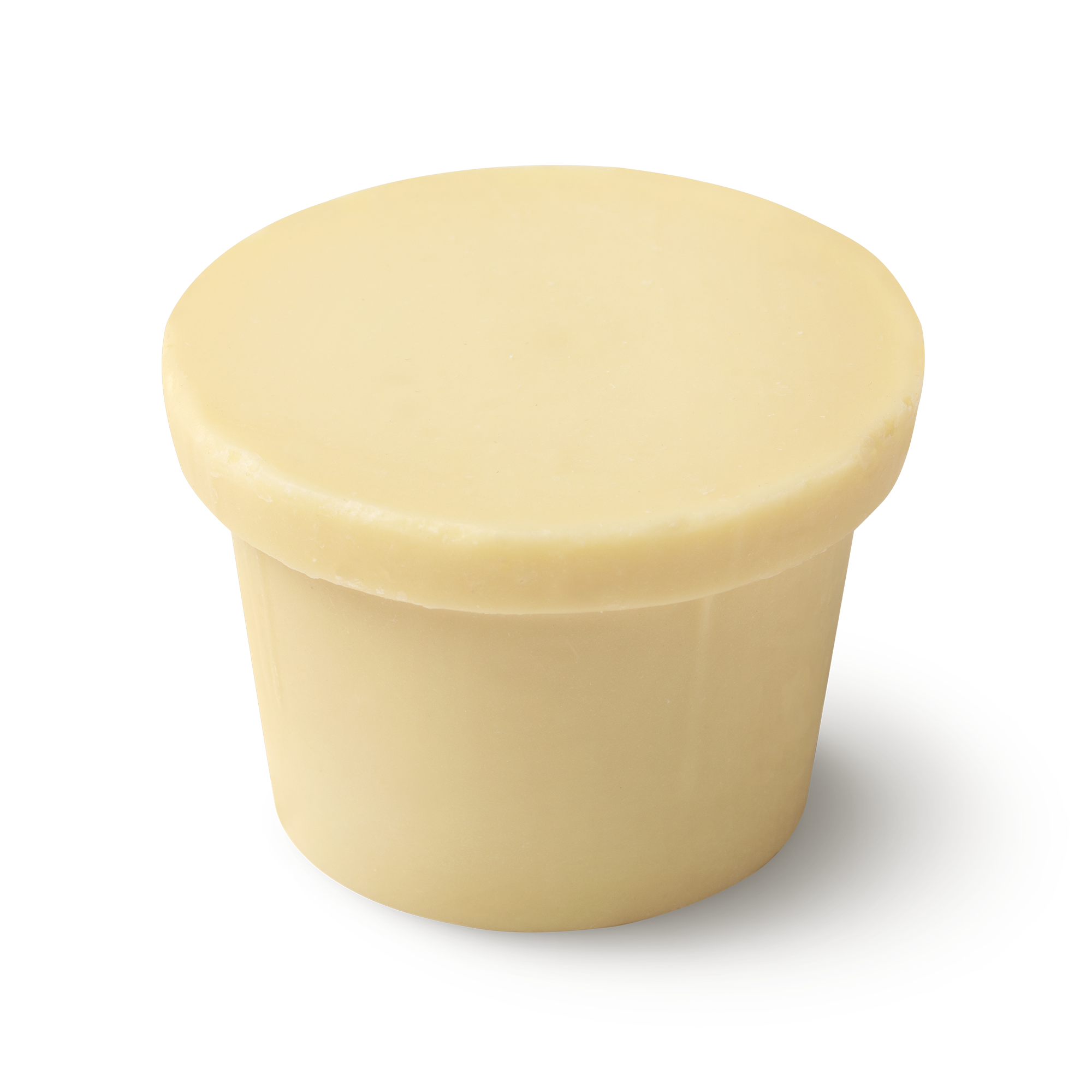A cream coloured, naked body conditioner, shaped like an upside down top hat, with a 'brim' on top of a narrow cylinder.