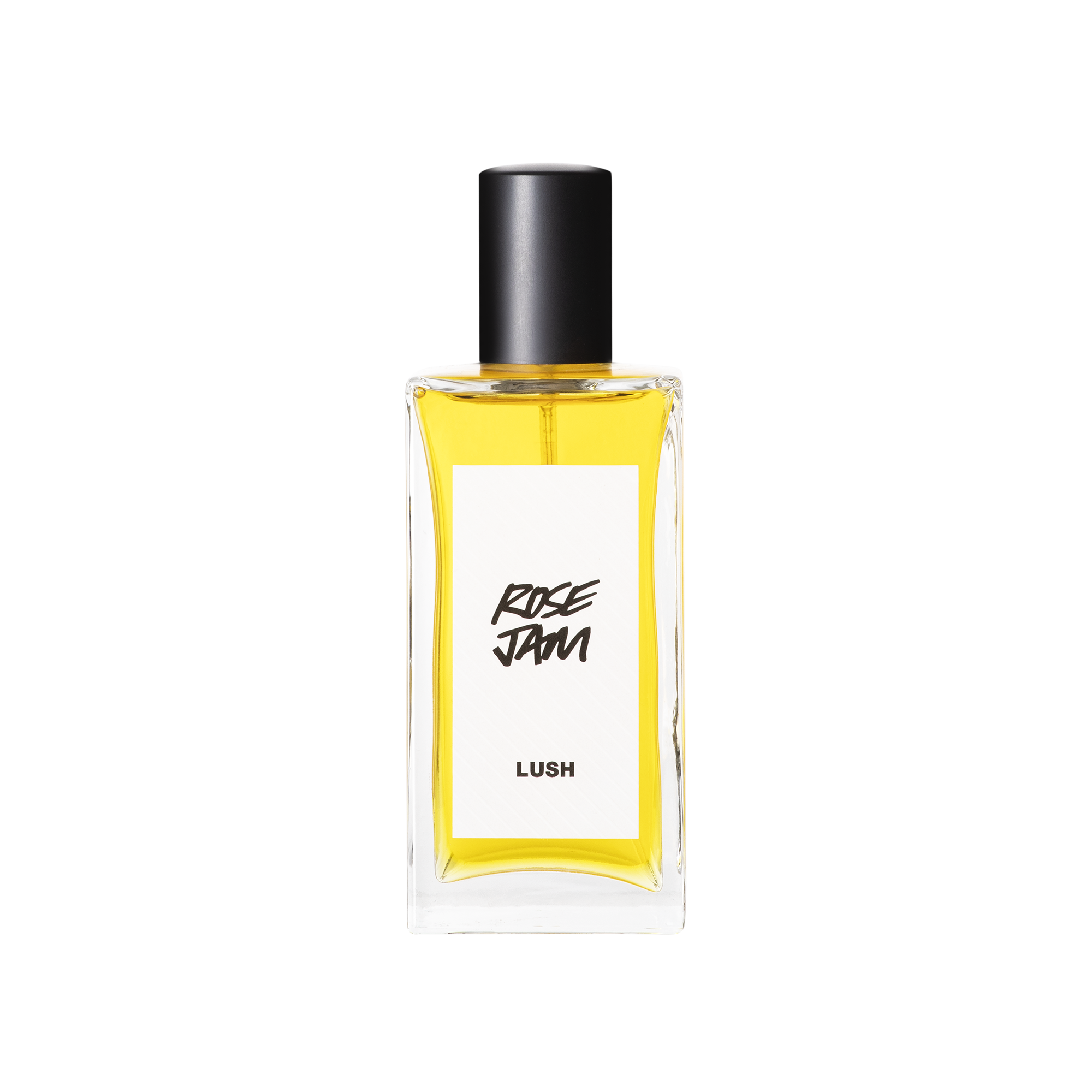 A glass perfume bottle filled with canary yellow liquid. A white label reads 'Rose Jam'.
