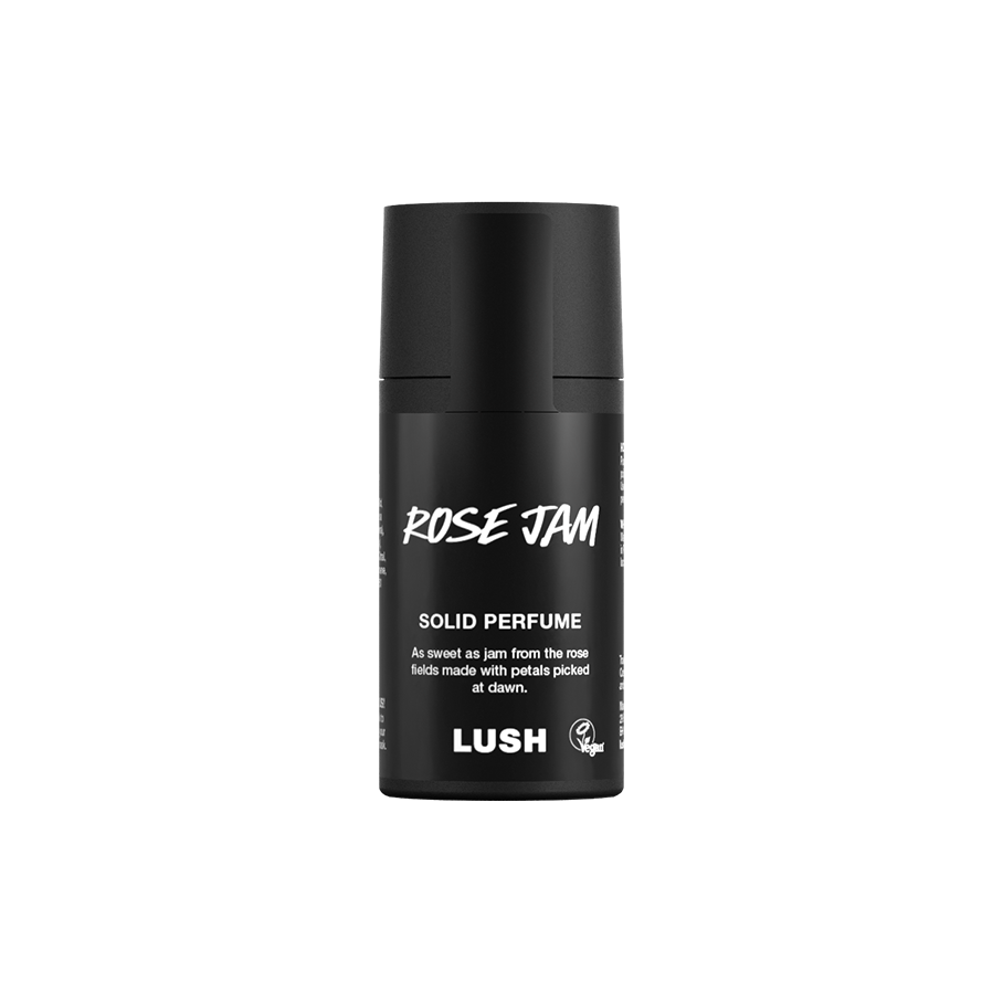 Rose Jam. A short, cylindrical black push-up tube of the Rose Jam solid perfume with a black label on the front covering the cap, with the product name and scent printed on it.