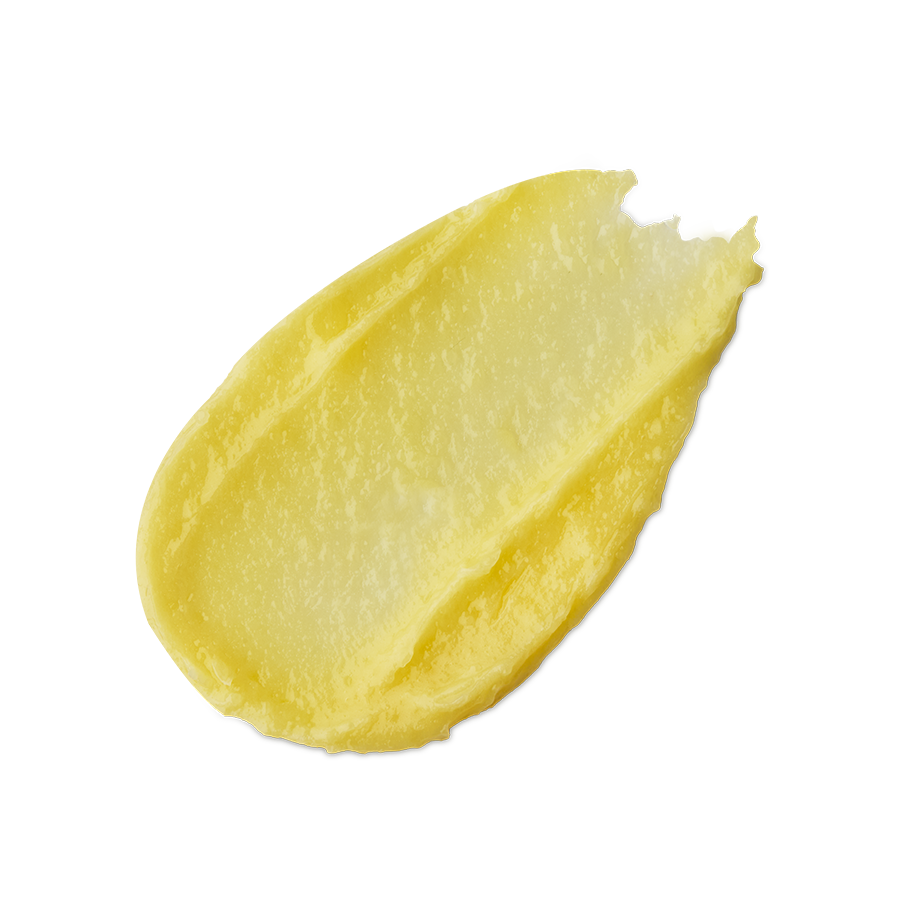 Rose Lollipop. A neatly smeared swatch of thick, rich yellow coloured lip balm with a slightly glossy finish.