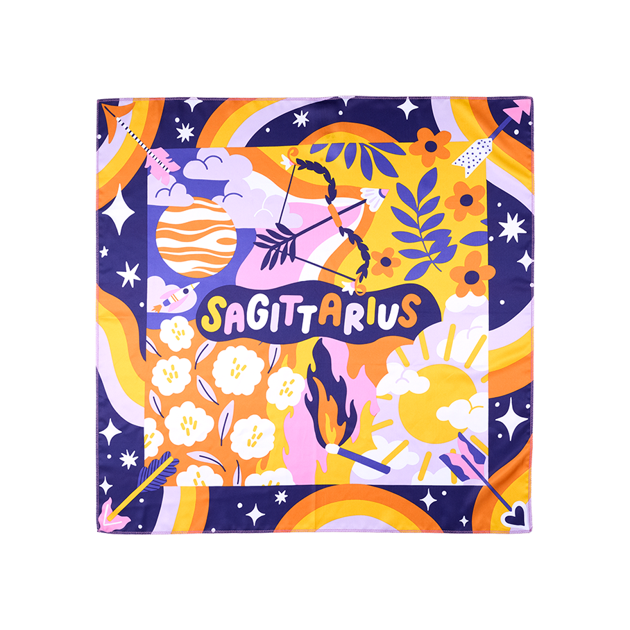 Sagittarius. A square, fabric knot wrap with a dark purple border with orange, yellow and pink swirls. It has illustrations of purple and yellow-themed flowers, flames, a sun scene, a space scene and typical Sagittarius icons of arrows and bows.