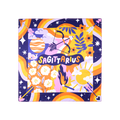 Sagittarius. A square, fabric knot wrap with a dark purple border with orange, yellow and pink swirls. It has illustrations of purple and yellow-themed flowers, flames, a sun scene, a space scene and typical Sagittarius icons of arrows and bows.