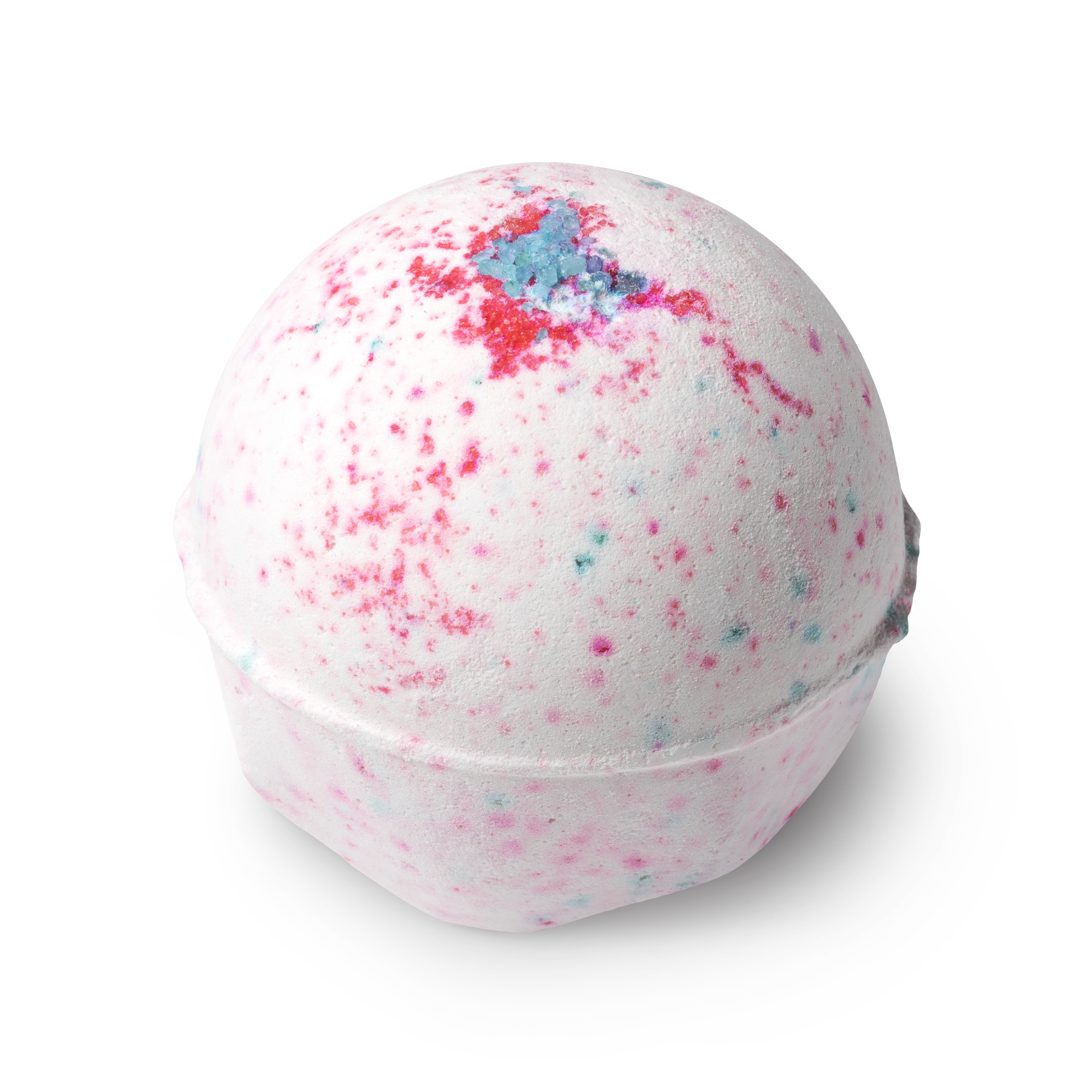 Sakura. A round bath bomb, white in colour with flecks of pink and blue, topped with a sprinkling of blue coloured coarse salt.