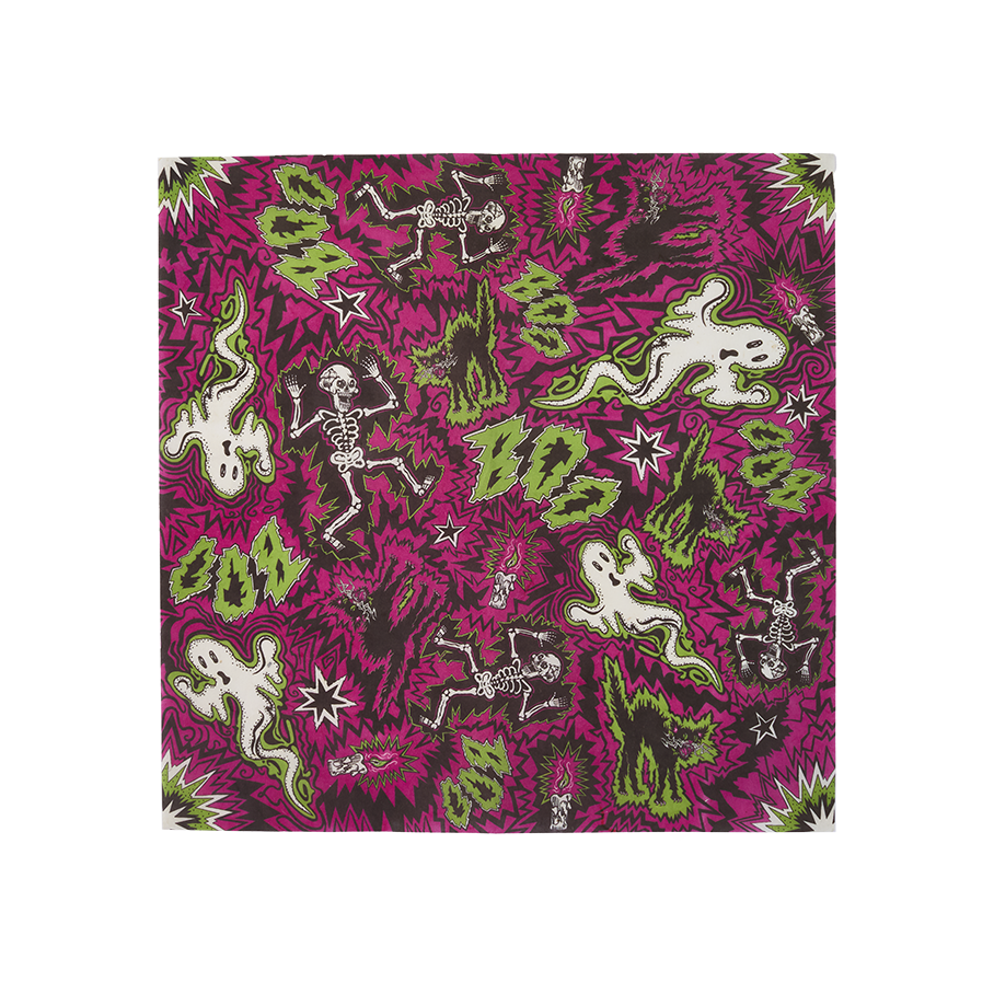 A square sheet of Lokta wrapping paper featuring a busy, jagged magenta and black background. It is decorated with a repeating comic-style Halloween pattern of dancing white skeletons, cartoon ghosts, black cats, and green 'BOO!' text.