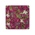 A square sheet of Lokta wrapping paper featuring a busy, jagged magenta and black background. It is decorated with a repeating comic-style Halloween pattern of dancing white skeletons, cartoon ghosts, black cats, and green 'BOO!' text.