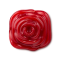 Sexy shower gummy. A vibrant red, blooming rose-shaped product is sculpted with a glossy, spiral petal pattern in the centre. The smooth gummy soap features a subtle, shimmering glitter throughout.
