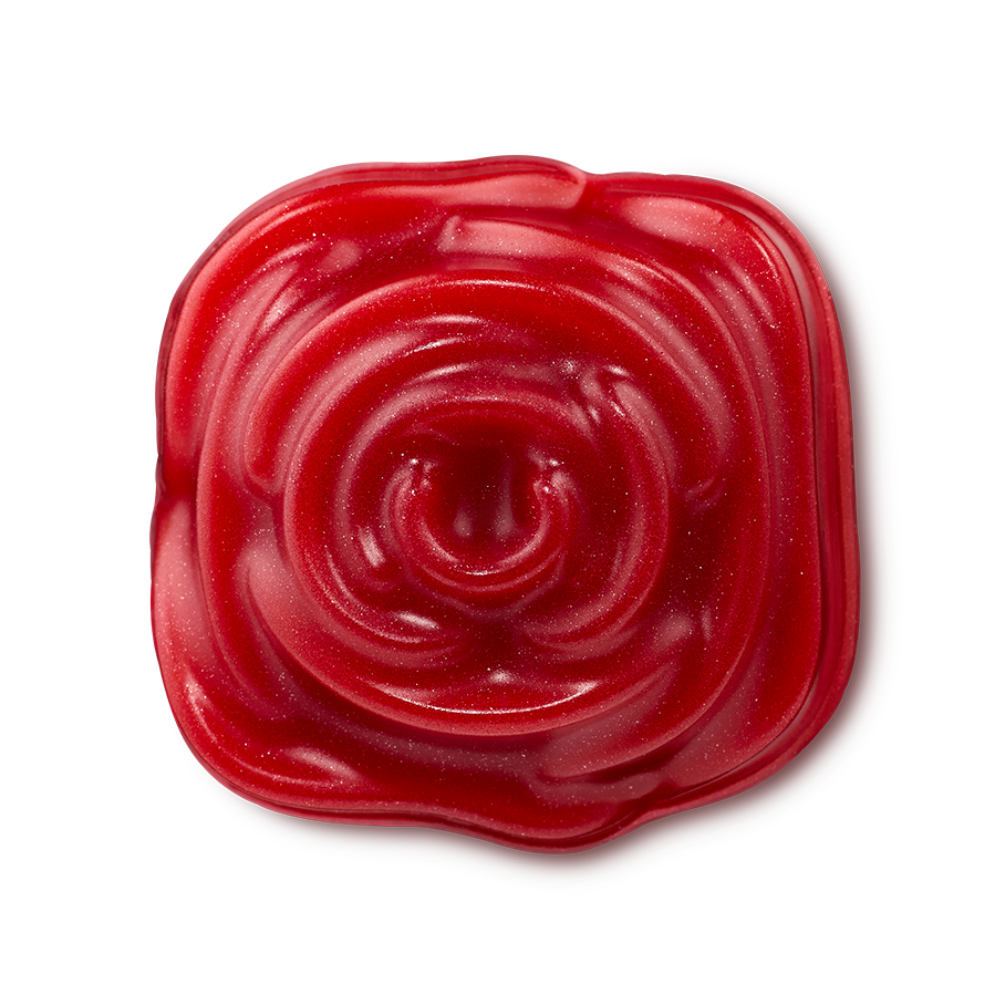 Sexy shower gummy. A vibrant red, blooming rose-shaped product is sculpted with a glossy, spiral petal pattern in the centre. The smooth gummy soap features a subtle, shimmering glitter throughout.