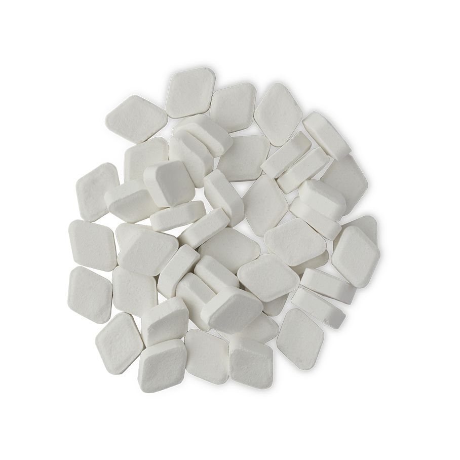 Shimmy Shimmy. A small pile of about three dozen, white, chalky, rounded-diamond-shaped mouthwash tablets.