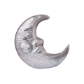 Silvery Moon. A shimmering, silver-grey bar of soap sculpted into the shape of a crescent moon with a sleeping face. The moon features a detailed eye, nose, round cheek, and a gentle smile.