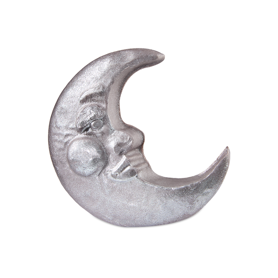 Silvery Moon. A shimmering, silver-grey bar of soap sculpted into the shape of a crescent moon with a sleeping face. The moon features a detailed eye, nose, round cheek, and a gentle smile.