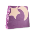 Purple bar of Sleepy soap featuring a cream star and crescent moon. The LUSH logo is embossed along the left side of the bar.