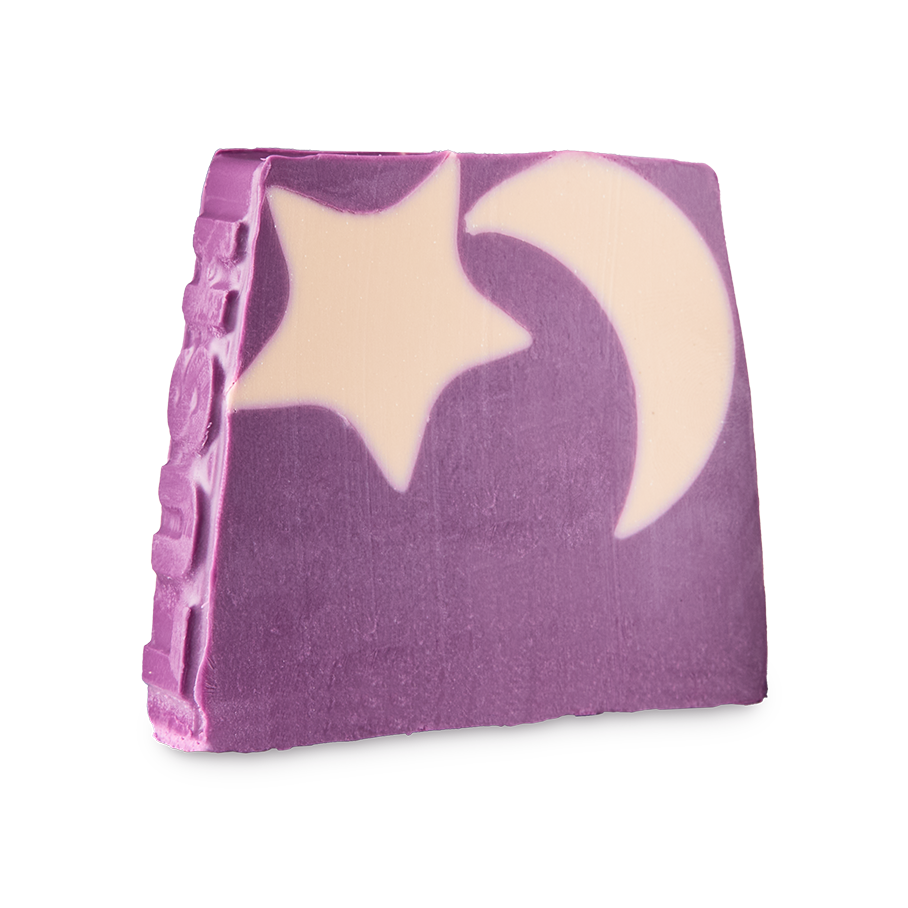 Purple bar of Sleepy soap featuring a cream star and crescent moon. The LUSH logo is embossed along the left side of the bar.