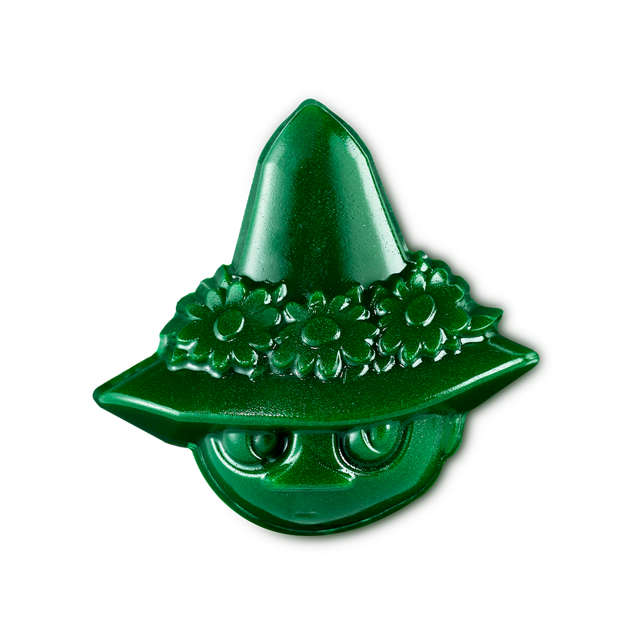 Snufkin. A deep green, glossy shower gummy shaped like the character Snufkin, wearing their signature pointed hat adorned with a row of moulded flowers. The product has a subtle shimmer throughout.