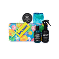 Splash! A gift box wrapped in colourful shell-patterned paper and tied with green string. Four LUSH products including a soap, body spray, body scrub and shower gel sit around and on top of the box.