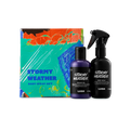 Stormy Weather. A colourful abstract box in teal, orange, and blue. Beside it stands a bottle of purple "Stormy Weather" shower gel and a black bottle of body spray of the same name. Both items feature white text on black labels.