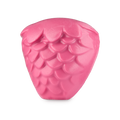 Strawberry. A gelatinous facial gummy cleanser in the shape of a strawberry. The product is a bright pink colour with a scallop-like texture across.