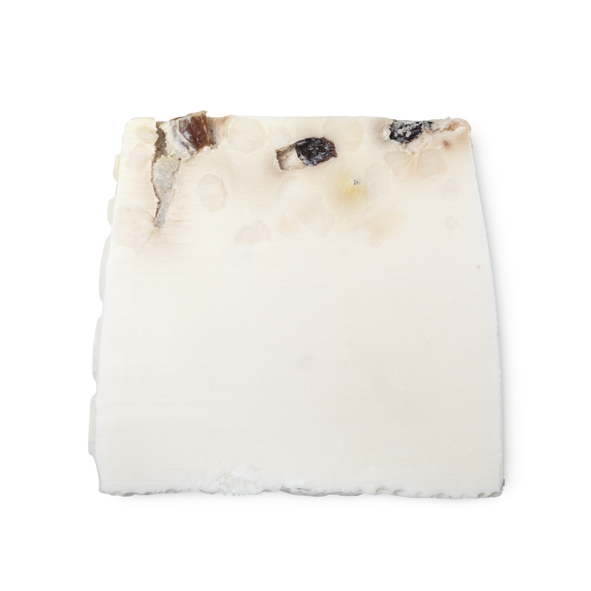 Sultana of Soap. A creamy white coloured, trapezium shaped soap, topped with dried currants, apricots and cranberries.