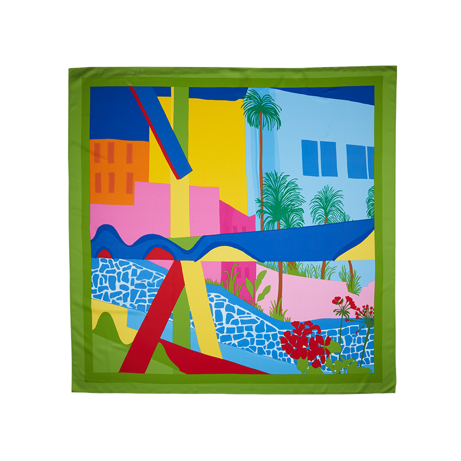 Summer Daydreams. A square knot wrap with a green border. The design is bold, abstract colours creating a vibrant city theme.