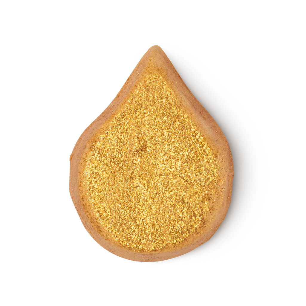 Sunnyside Bubble bar. A golden tear shape covered in sparkling golden glitter.