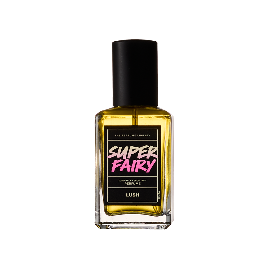 Super Fairy A square glass perfume bottle is filled with yellow translucent liquid perfume. The bottle has a black lid and label which reads "Super Fairy"