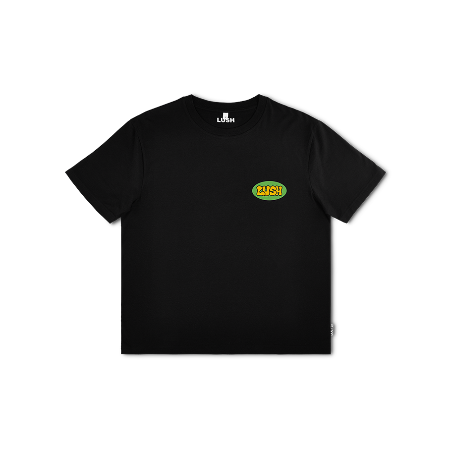 Retro Bubble Lush. A classic black t-shirt with a small, yellow and green, retro LUSH logo on the left breast.