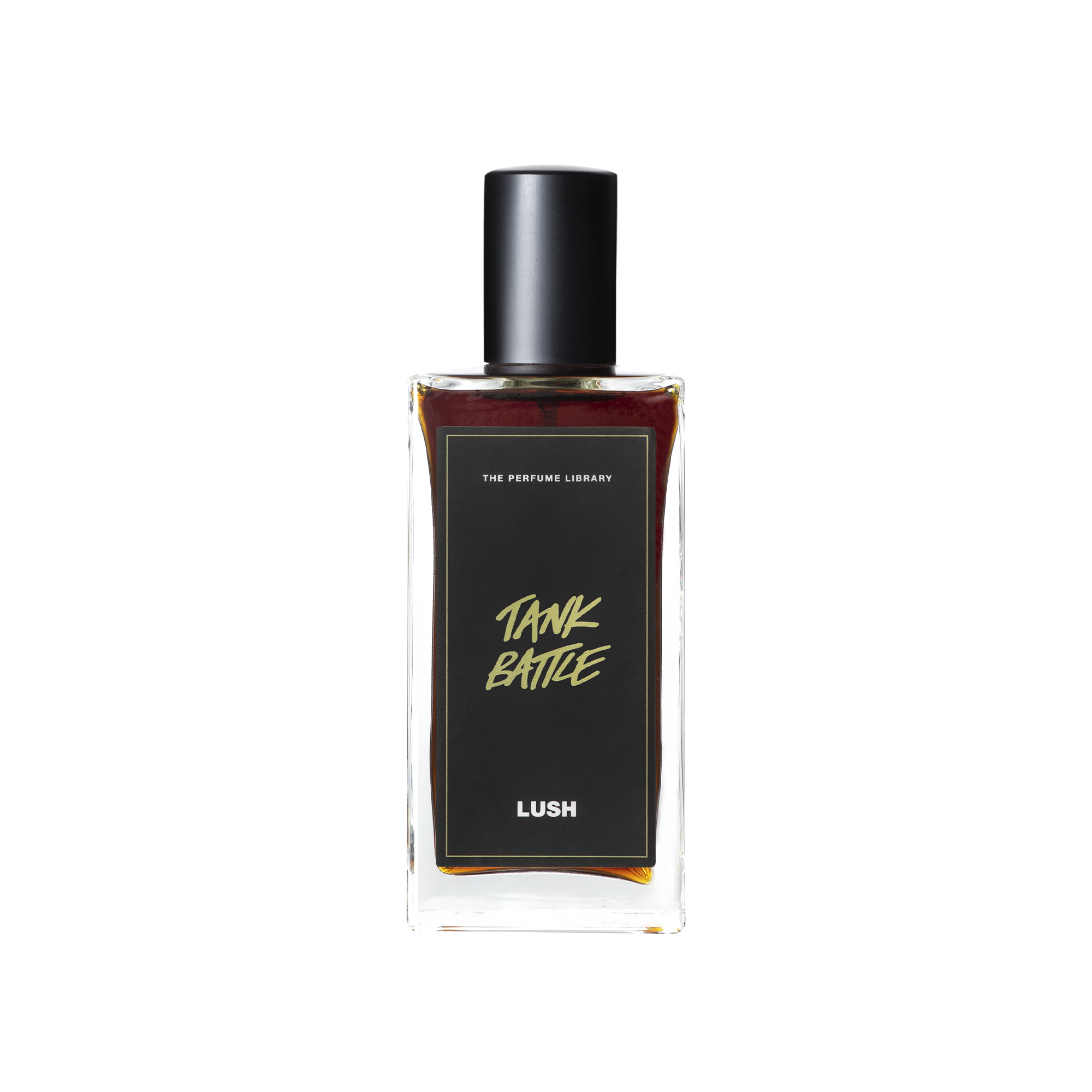 A glass perfume bottle filled with deep mahogany coloured liquid. A black label reads 'The Perfume Library' and 'Tank Battle'.