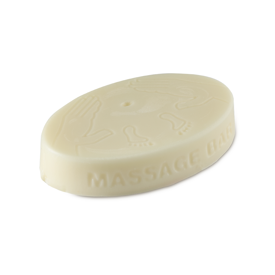 The Bump. An oval, thick solid massage bar. The words "Massage Bar" are embossed on the side. On the top is an embossed illustration of two hands reaching in towards a belly button with a pair or small baby feet.
