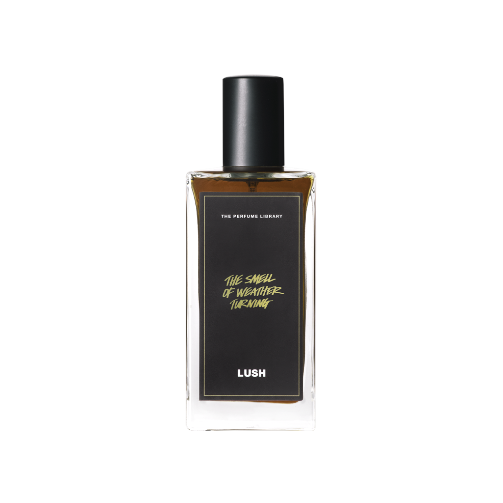 A dark liquid filled glass perfume bottle with a black label, reading 'The Perfume Library' and 'The Smell of Weather Turning'.