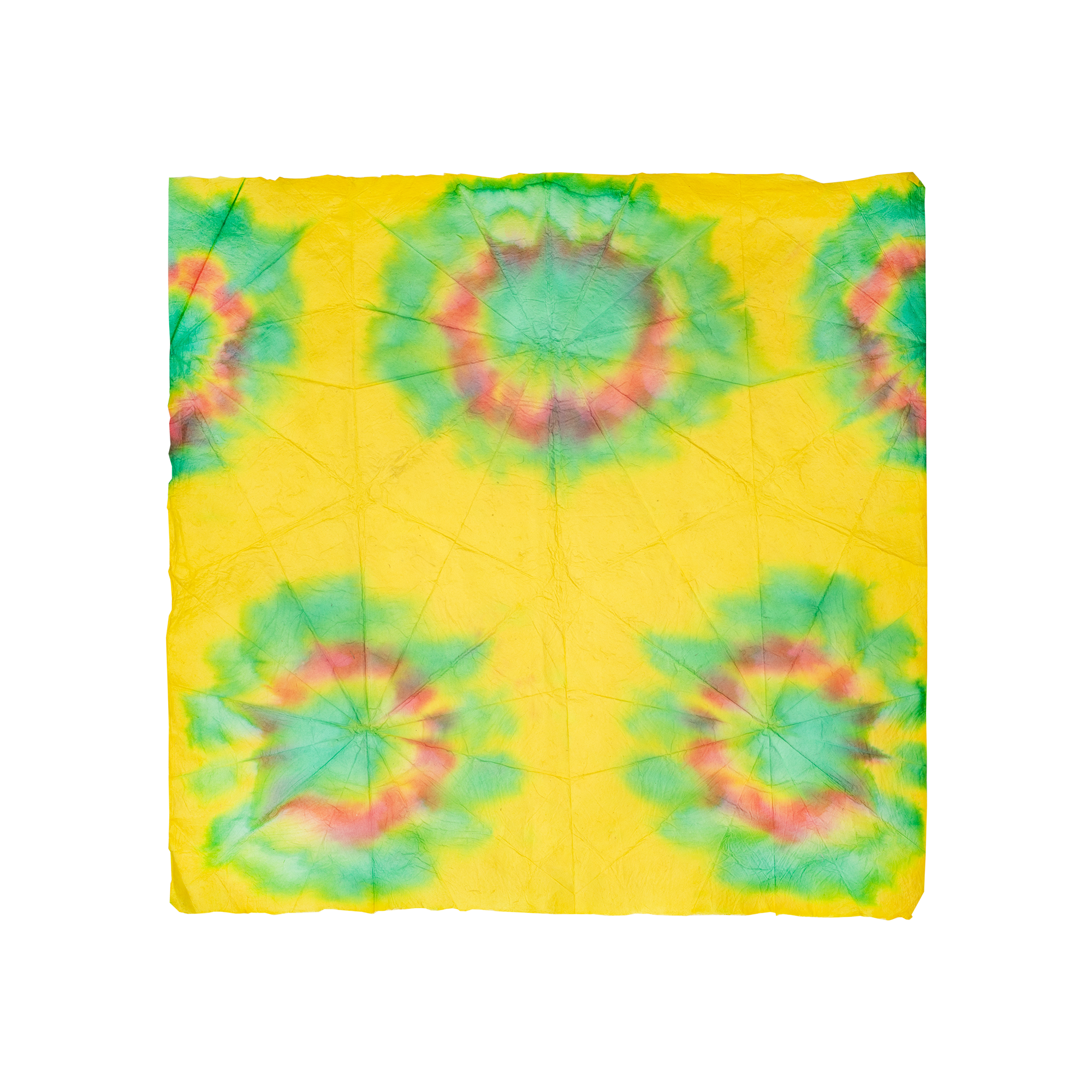 A square Lokta Wrap with yellow, red and blue tie-dyed designs all over.