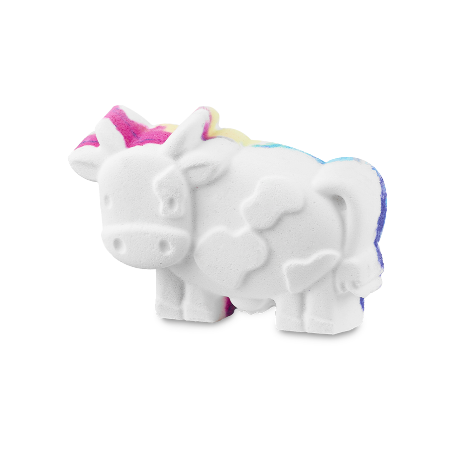 The Toby's Magic Cow Bath Bomb is playfully shaped like a small, friendly cow. While the majority of the bath bomb is a clean white, it features magical pops of vibrant pink, yellow, blue, and purple along its back and tail.