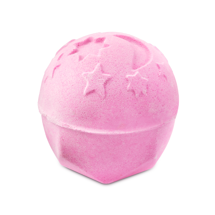 The Twilight Bath Bomb is a soft lavender-pink sphere featuring embossed celestial designs of stars and a crescent moon across its surface. Set against a solid black background, its calming color hints at the relaxing experience it provides.