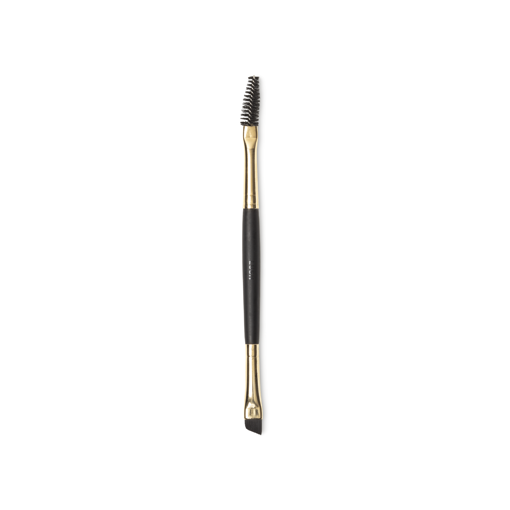 U-N-I-Brow Brush. A double ended brow brush, with a spoolie end and an angled brush end, and a gold and dark wooden handle.