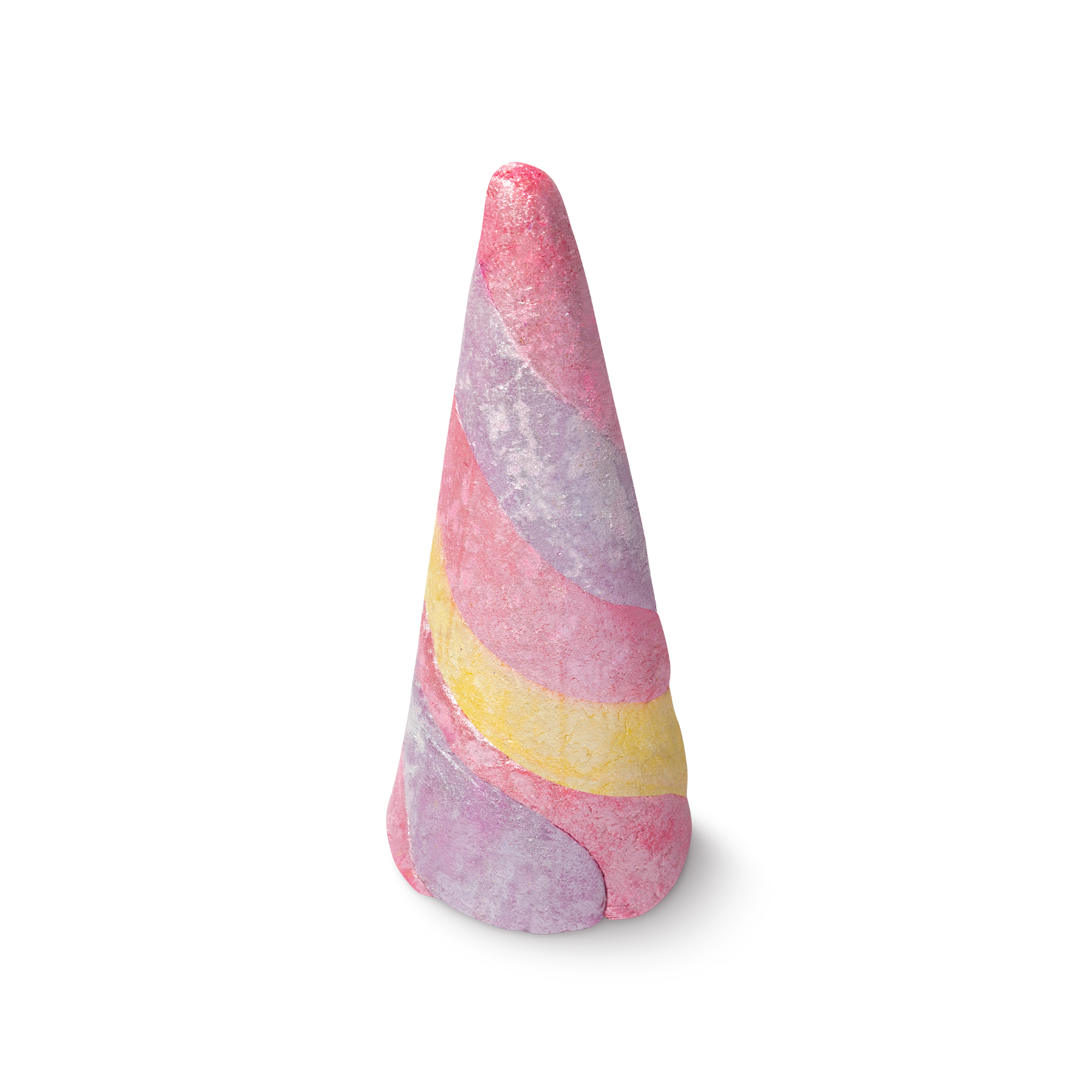 Unicorn Horn Bubble bar. An upright 3D horn made from swirls of shimmery pink, purple and yellow.