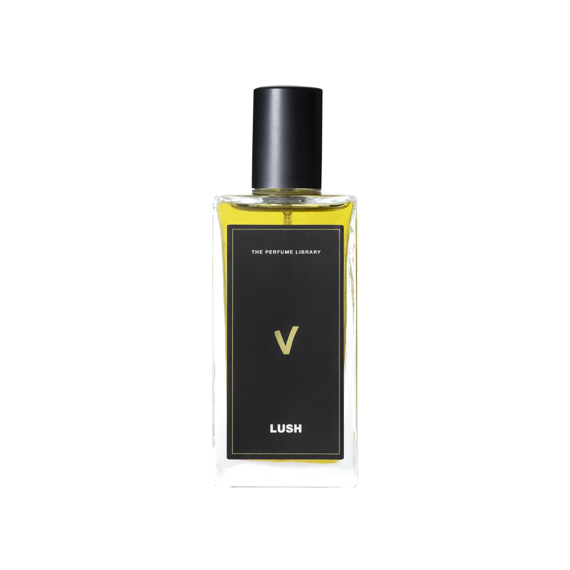 A glass perfume bottle filled with greeny-yellow liquid. A black label reads 'The Perfume Library' and 'V'.