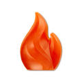 Warming shower gummy. A smooth, vibrant orange shower gummy is sculpted into the shape of a flickering fire flame. The translucent structure features elegant, curved ridges that mimic a burning fire.