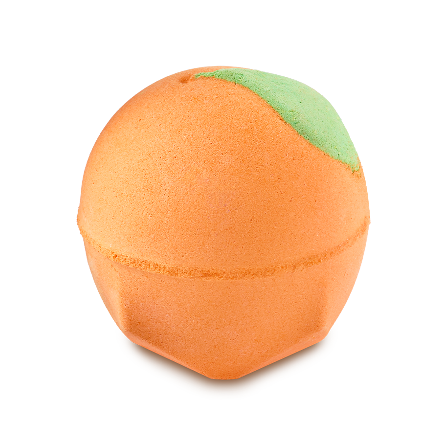 A spherical, bright orange Peachy Bath Bomb with a small green leaf detail at the top, set against a solid black background.