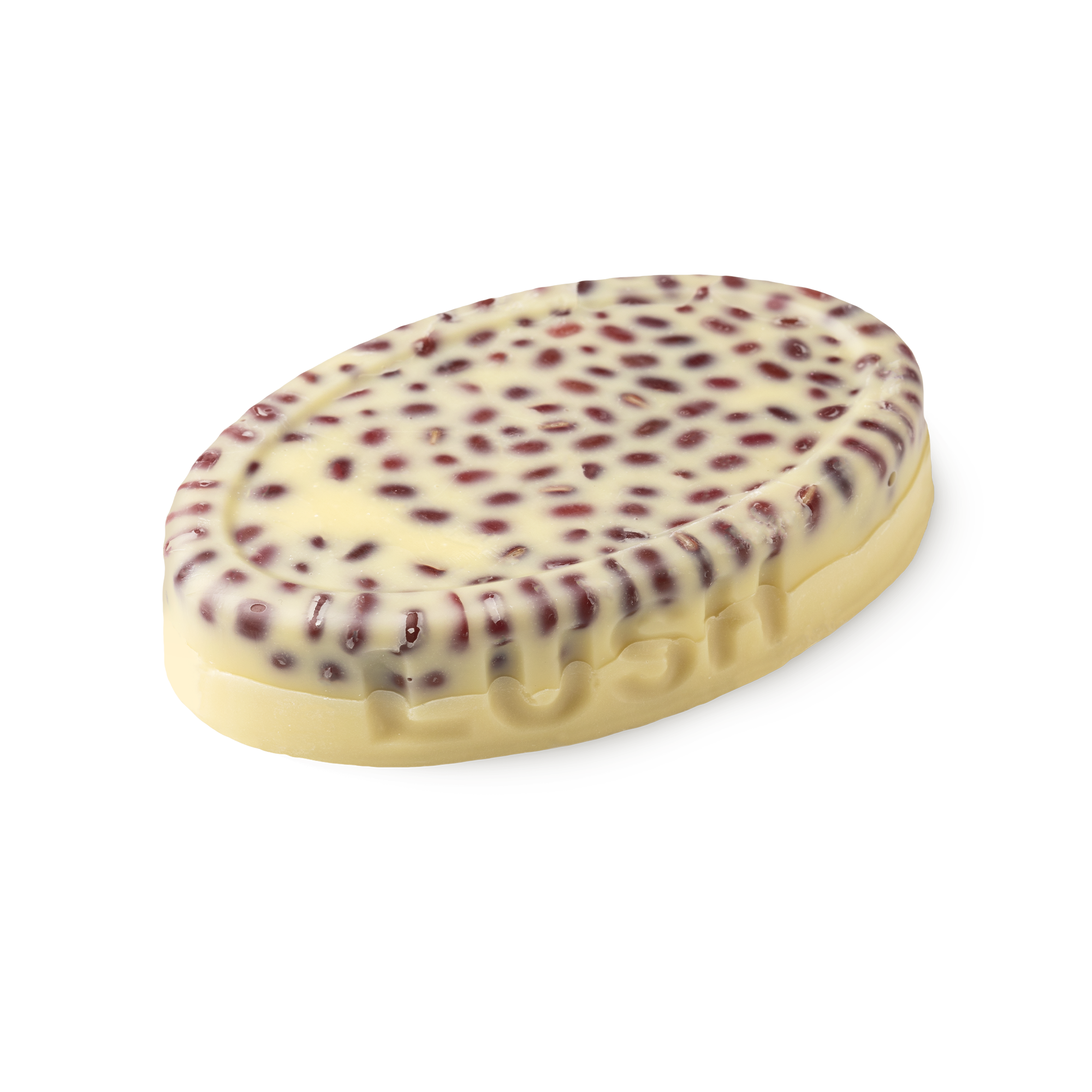 Wiccy Magic Muscles. A buttery yellow, oval shaped, solid massage oil bar, with LUSH imprinted on its edge,