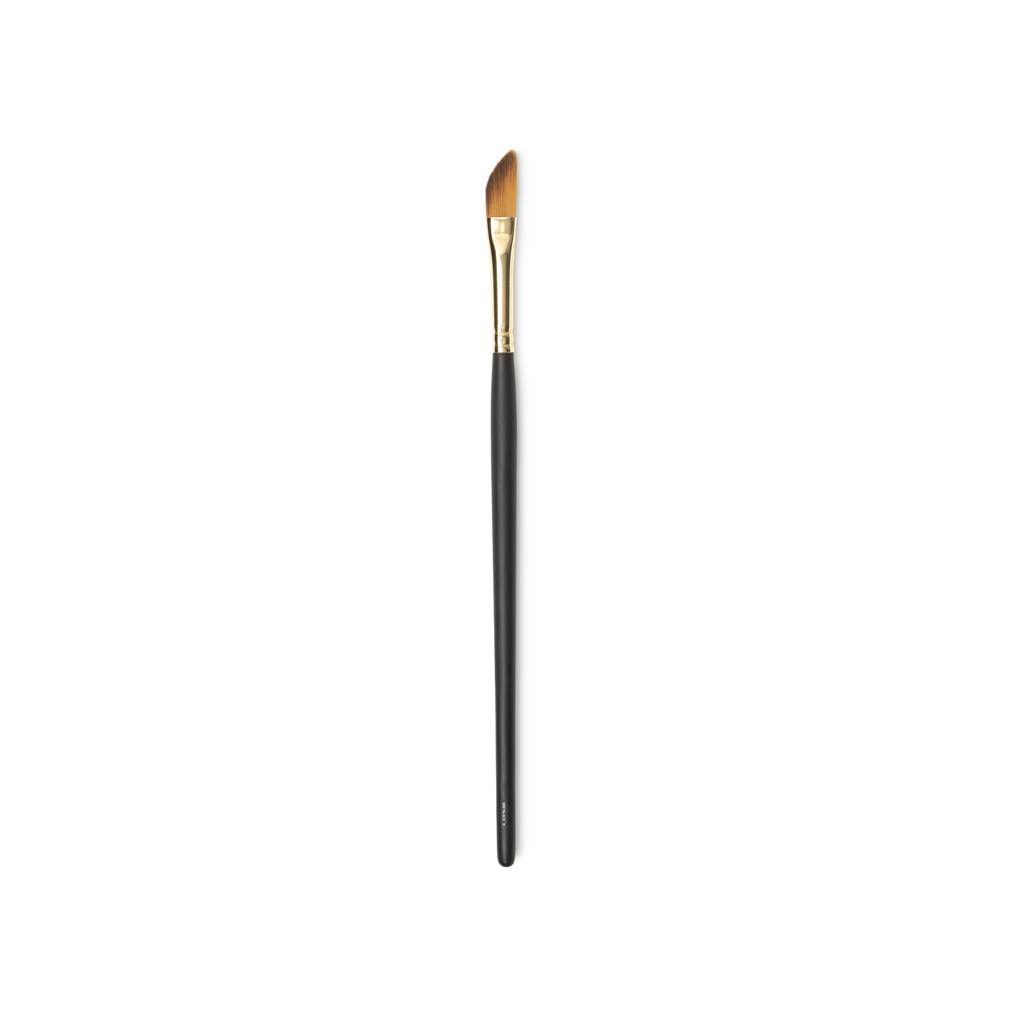 Wing It Brush. A large angled liner brush, with slanted, caramel coloured bristles and a gold and dark wooden handle.