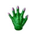 Witch's Hand. A bright green, textured shower gummy shaped like a witch's hand with five splayed fingers. The long, pointed fingernails are painted a vibrant metallic pink.