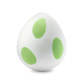 The Yoshi Egg a white egg-shaped bath bomb with three lime-green oval spots.