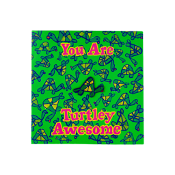 Turtley Awesome. A vibrant enamel pin in the shape of a green and yellow turtle is mounted on a matching, square green backing card with a repeating turtle pattern. Bold pink text on the card reads, 'You Are Turtley Awesome'.