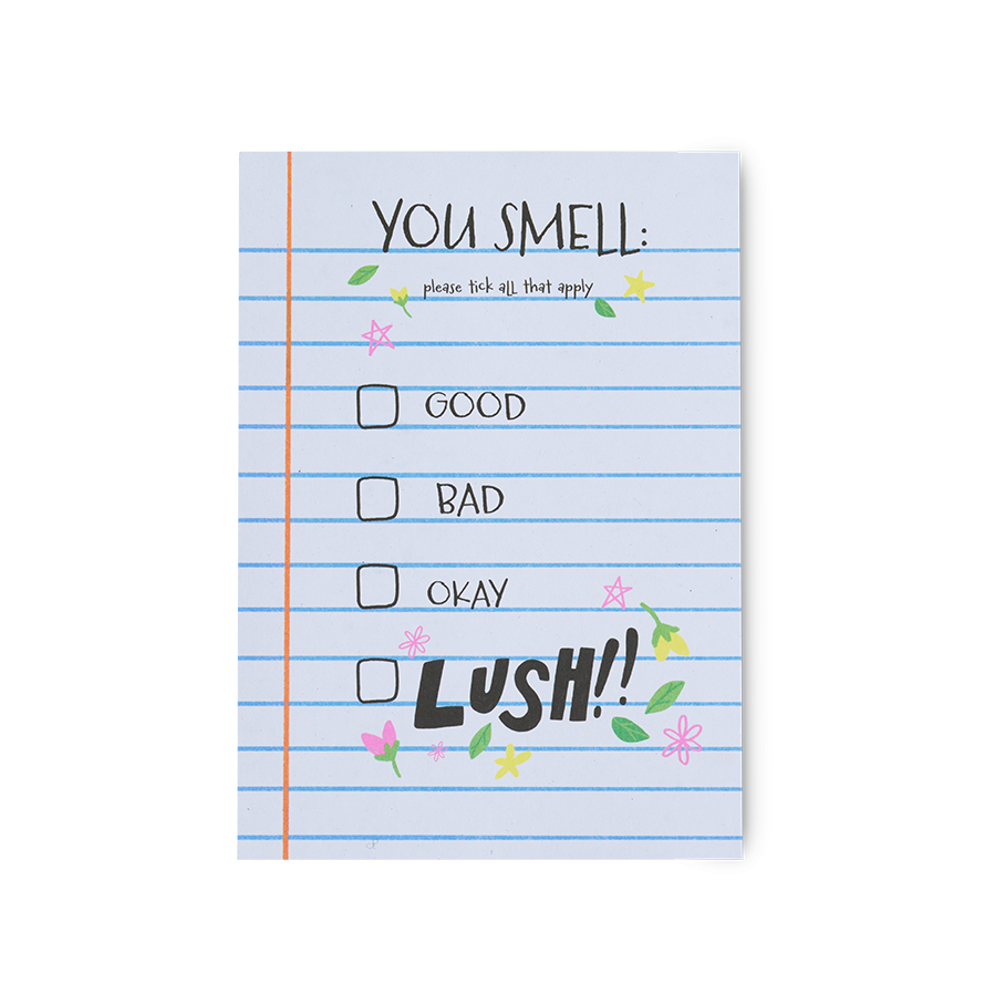 You Smell: Good, Bad, Okay or LUSH. A lined notepad-style postcard with the novelty tick box statement.
