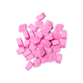 A pile of small, diamond-shaped, pink Zing! mouthwash tabs shot from above.